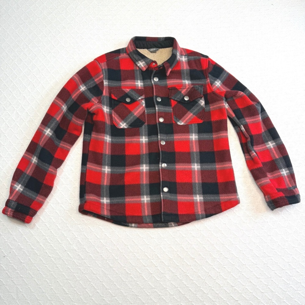 VTG Eddie Bauer Kids Red Black Buffalo Plaid Sherpa Lined Fleece Shirt 10/12